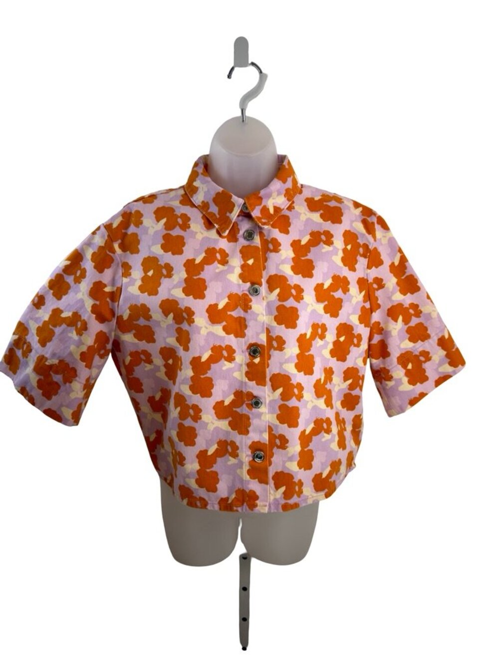 Zara Lavander Orange Cream Floral Short Sleeve Denim Top Size Medium